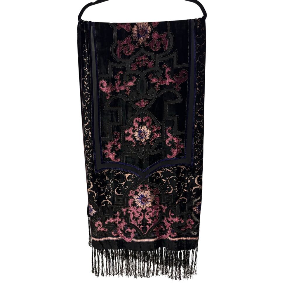 Black Velvet Floral Silk Viscose Scarf Wrap Fringe Detail Whimsy Goth Dramatic